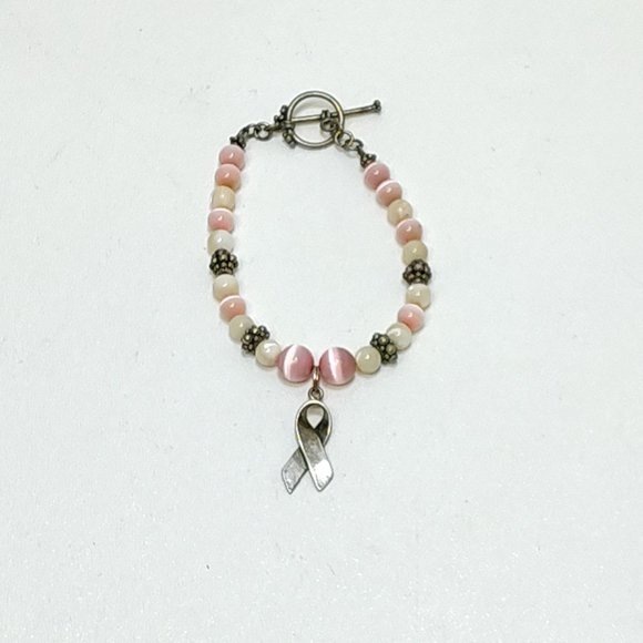 Cancer Awareness Beaded Bracelet Sterling Silver Ribbon Charm Toggle Clasp VTG - Picture 3 of 5